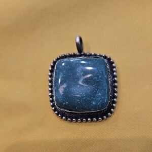 Elegant Green-Blue Stone Pendant With A Beaded Silver (Or Silver Like) Border